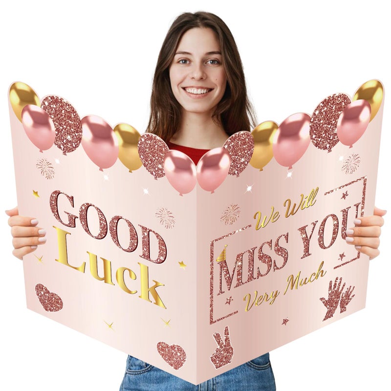 Turypaty Retirement We Will Miss You Greeting Card for Coworkers Women, Pink Rose Gold Guest Signature Book Gifts, Good Luck Blessing Greeting Card for Going Away Farewell Decorations Party Supplies - Image 1