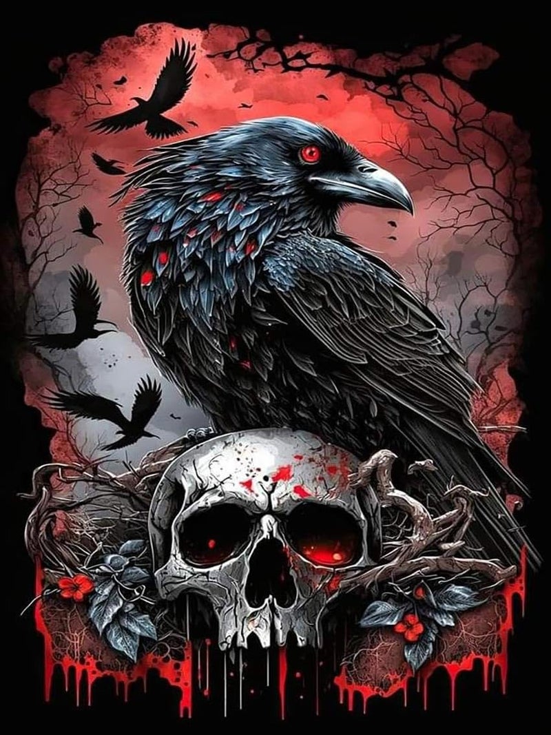 Mrnsiet Halloween Diamond Painting Kits for Adults, 5D Crow Diamond Painting for Beginner, DIY Full Drill Skull Diamond Art Kits for Home Wall Decor 12 x 16 Inch - Image 1