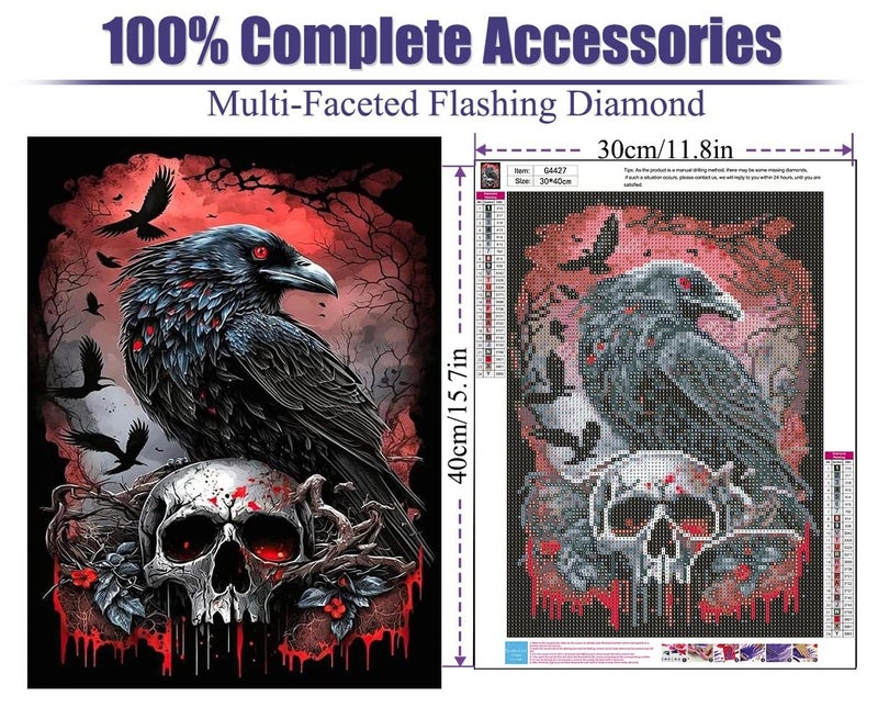 Mrnsiet Halloween Diamond Painting Kits for Adults, 5D Crow Diamond Painting for Beginner, DIY Full Drill Skull Diamond Art Kits for Home Wall Decor 12 x 16 Inch - Image 3