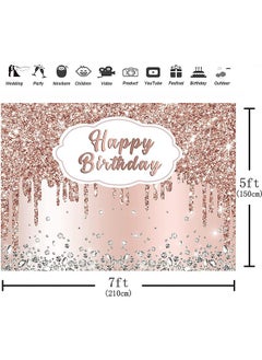 LENND Pink Rose Golden Birthday Party Backdrop, Glitter Diamonds Happy Birthday Background Girls Sweet 16 18th 21th Birthday Party Decorations ,Cake Table Banner Supplies 210 * 150cm  - Image 5