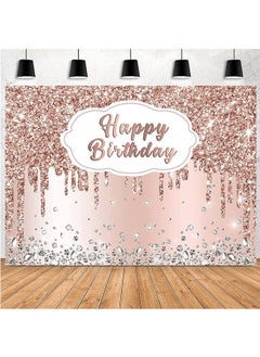 LENND Pink Rose Golden Birthday Party Backdrop, Glitter Diamonds Happy Birthday Background Girls Sweet 16 18th 21th Birthday Party Decorations ,Cake Table Banner Supplies 210 * 150cm  - Image 1