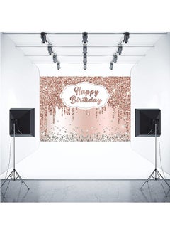 LENND Pink Rose Golden Birthday Party Backdrop, Glitter Diamonds Happy Birthday Background Girls Sweet 16 18th 21th Birthday Party Decorations ,Cake Table Banner Supplies 210 * 150cm  - Image 3