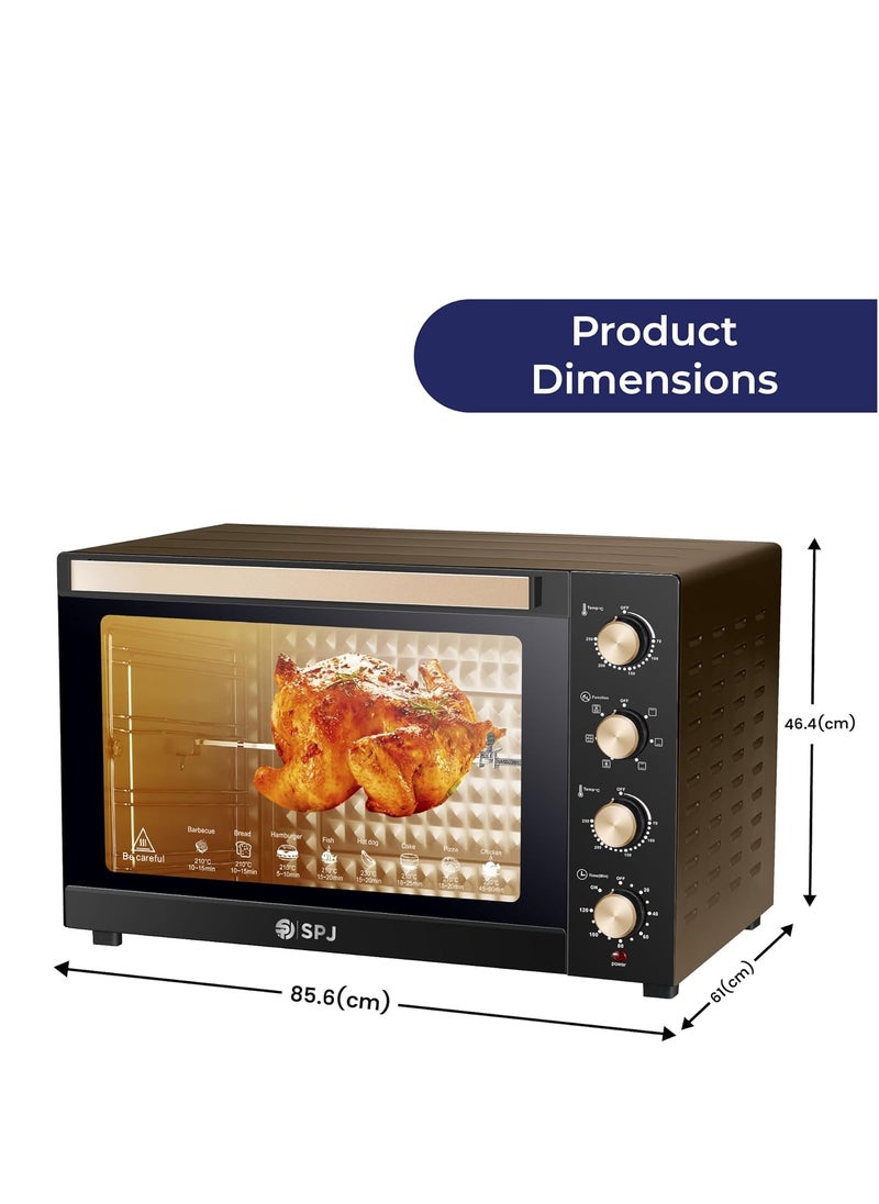 SPJ Electric Oven, 150L Oven, 2800W With 7 Power Levels, 70-250 °C Adjustable Temp., 120 Minutes Timer, 360° Motorised Rotisserie, Inner Lamp, Easy to Use, Color - Brown, EOW-BR150L04
