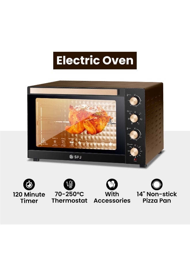 SPJ 150L Electric Oven 2800W with 360° Rotisserie, Inner Lamp, 70–250°C Temperature Control, 120-Min Timer, 7 Power Levels, Tempered Glass, Black & Brown - Image 2