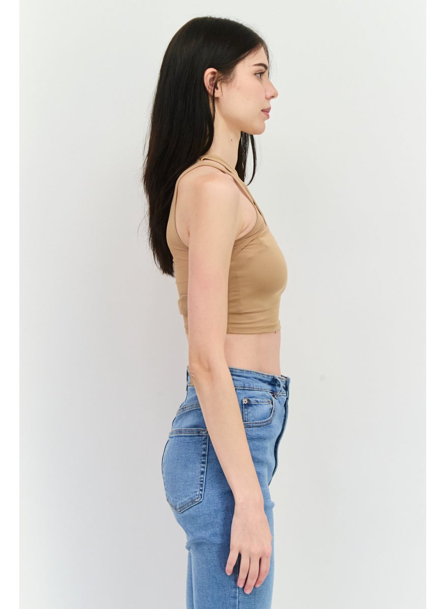 Bershka Women Crew Neck Sleeveless Plain Tank Tops, Tan  - Image 2