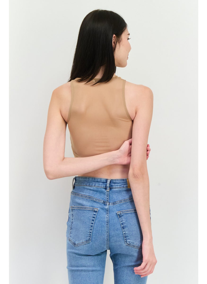 Bershka Women Crew Neck Sleeveless Plain Tank Tops, Tan  - Image 4
