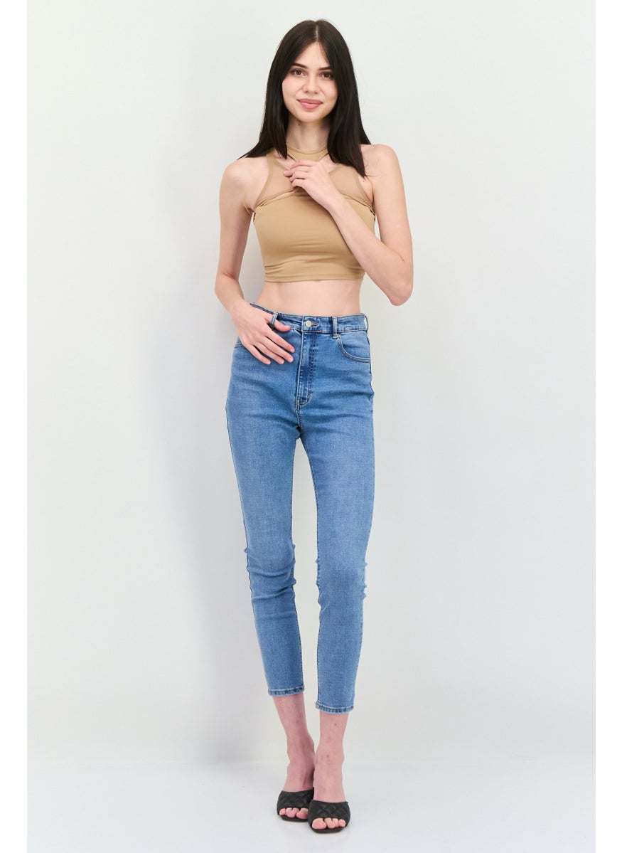 Bershka Women Crew Neck Sleeveless Plain Tank Tops, Tan  - Image 3