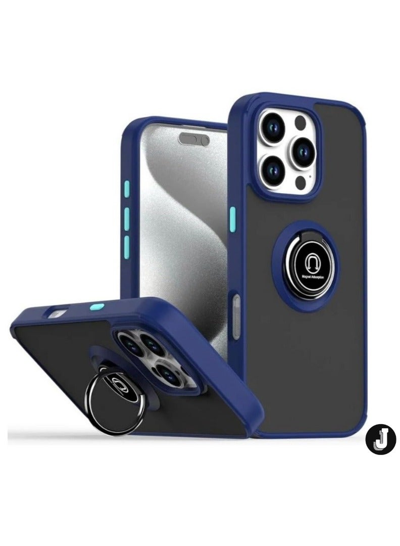 JAJEEK iPhone 16 Pro Case Cover – Blue Matte Shockproof Bumper with Metal Ring Holder Kickstand & Car Magnetic Mount - Image 1