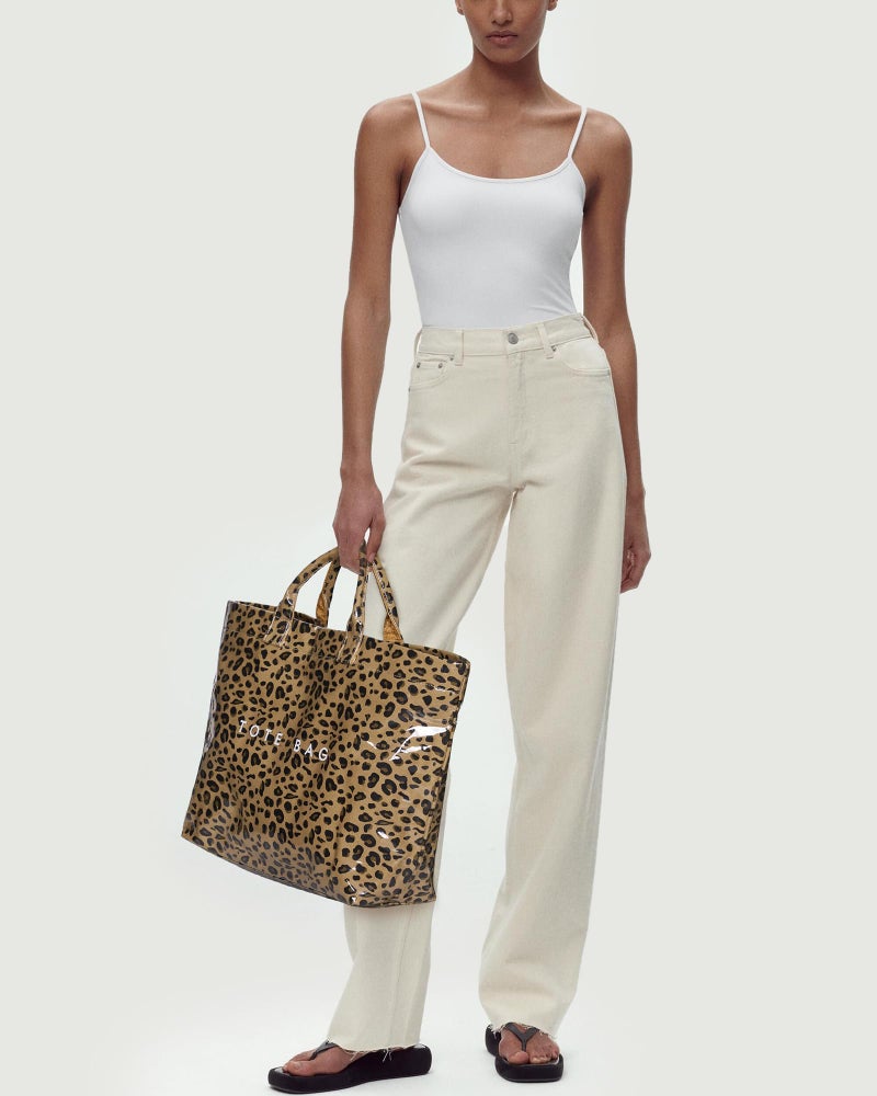 Lushandy PVC Tote Bag Women's Plastic Tote Purse Large Letters Print Hobo Handbag for Work, Beach, Gift (Brown Leopard) - Image 2