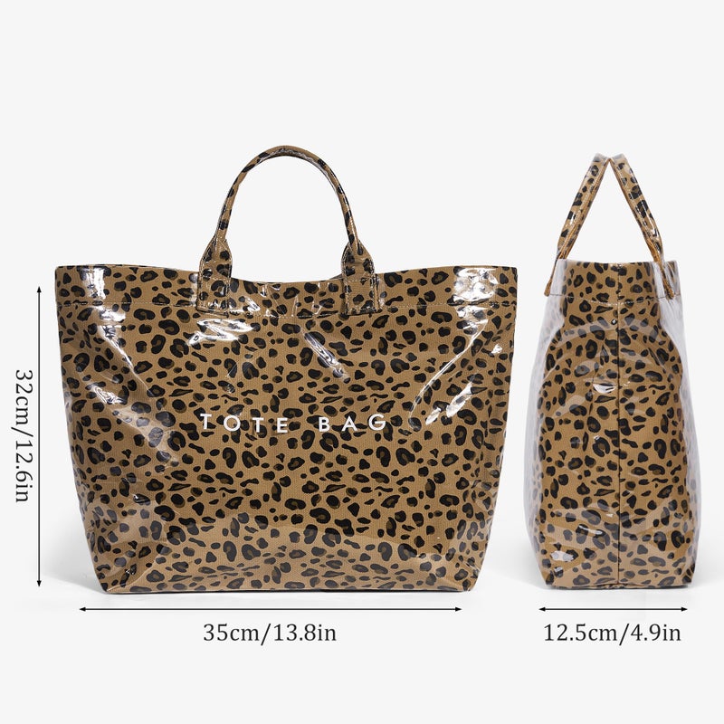 Lushandy PVC Tote Bag Women's Plastic Tote Purse Large Letters Print Hobo Handbag for Work, Beach, Gift (Brown Leopard) - Image 5