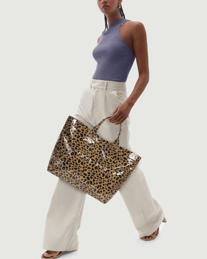 Lushandy PVC Tote Bag Women's Plastic Tote Purse Large Letters Print Hobo Handbag for Work, Beach, Gift (Brown Leopard) - Image 3