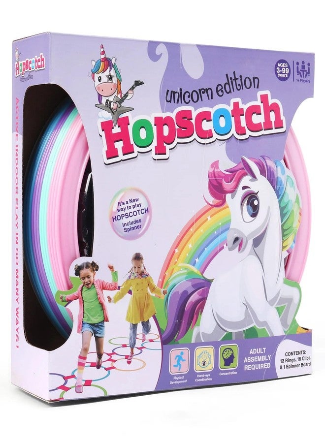 YUIOP - Hopscotch Mat Game for Kids - Active Play -13 Rings,16 Clips & 1 Spinner Board (Hopscotch Unicorn) - Image 1