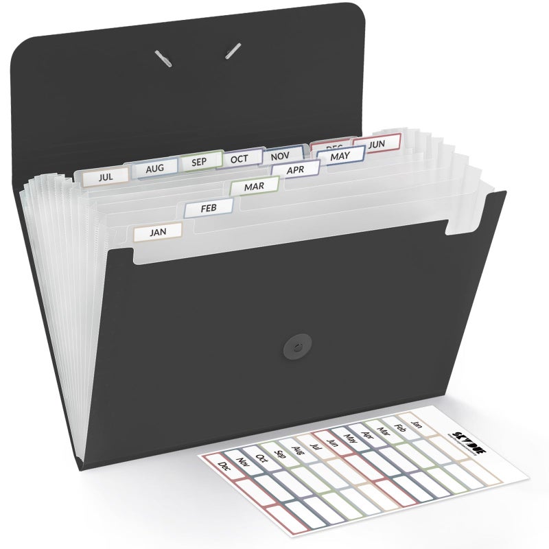 SKYDUE Expanding File Folde rwith 13 Pockets, Accordion File Organizer fits for A4/Letter Sized Paper, Accordion Folder with Labels - Document Receipt Organizer for Office, School, Home Blak - Image 1