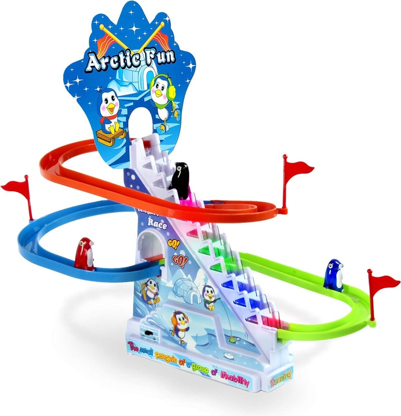 Haktoys Arctic Fun Penguin Slide Toy Set: Stair Climbing Penguin Playset with Sliding Tracks, Music On/Off Switch for Quiet Play Option | Penguin Race Game for Kids Toddlers Boys and Girls - Image 1