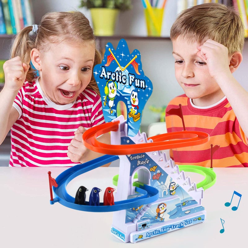 Haktoys Arctic Fun Penguin Slide Toy Set: Stair Climbing Penguin Playset with Sliding Tracks, Music On/Off Switch for Quiet Play Option | Penguin Race Game for Kids Toddlers Boys and Girls - Image 2