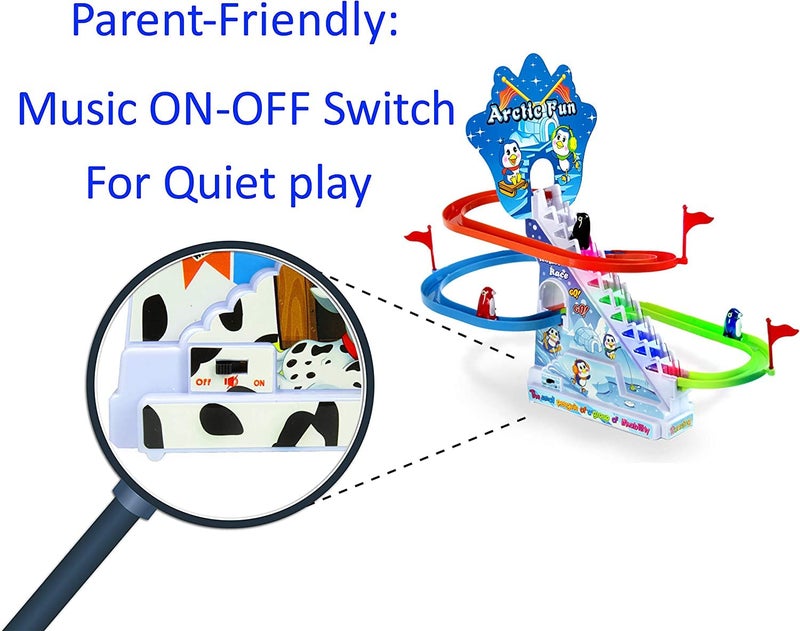 Haktoys Arctic Fun Penguin Slide Toy Set: Stair Climbing Penguin Playset with Sliding Tracks, Music On/Off Switch for Quiet Play Option | Penguin Race Game for Kids Toddlers Boys and Girls - Image 3