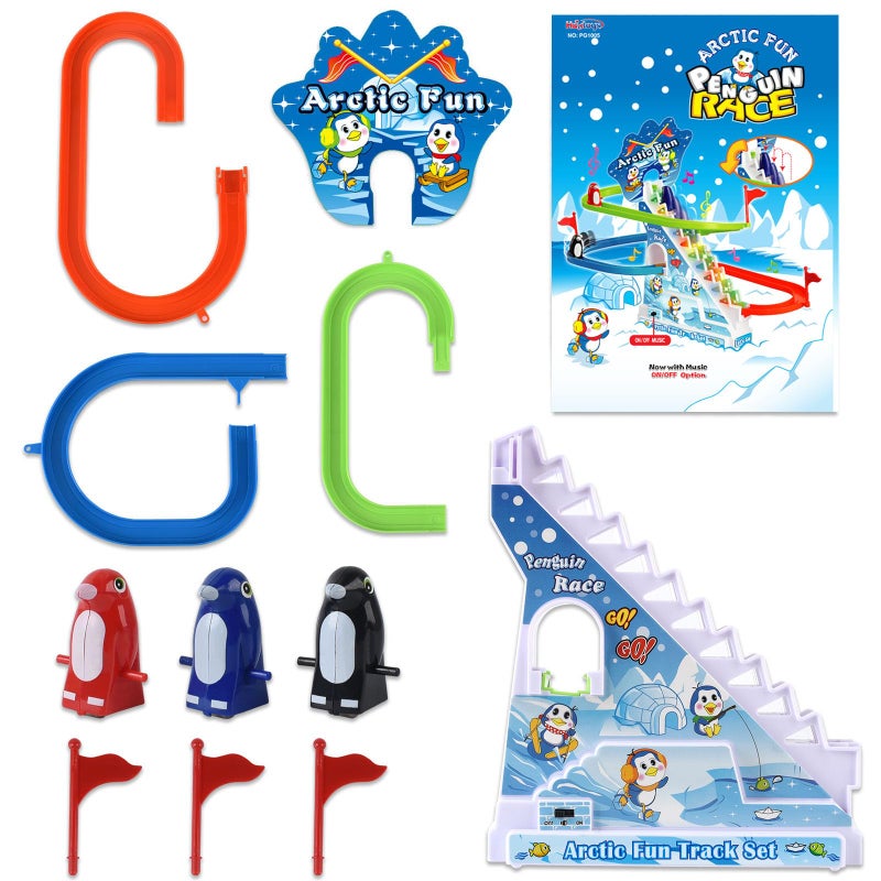 Haktoys Arctic Fun Penguin Slide Toy Set: Stair Climbing Penguin Playset with Sliding Tracks, Music On/Off Switch for Quiet Play Option | Penguin Race Game for Kids Toddlers Boys and Girls - Image 4
