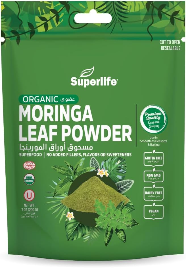 SuperLife  Organic Moringa Leaf Powder 200g | Superfood | Gluten-Free, NON-GMO, No Added Flavors or Sweetners, 7 oz - Image 1
