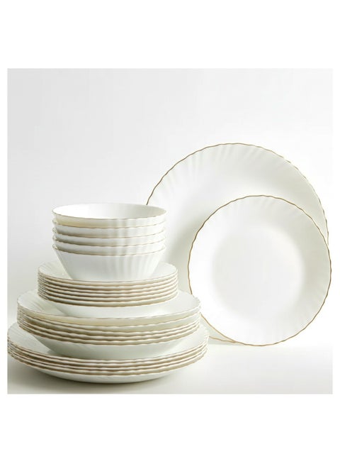 Houzi 18 Pcs Gold line Opal ware Dinner ser 6 x Dinner set 6 x Dessert plate 6 x Bowl Dishwasher Microwave safe