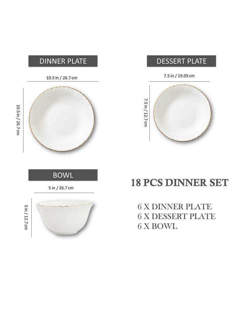 Houzi مجموعة عشاء هوزي 18 قطعة بخط ذهبي من الأوبال - 6 أطباق عشاء، 6 أطباق حلوى، 6 سلطانيات - آمنة في غسالة الصحون والميكروويف - Image 3