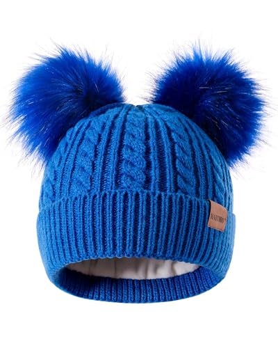 HAITHO Winter Hat for Kids Toddler Children, Girls Beanie with Double Pom Pom Warm Thick Thermal Fleece Lined, Girls Accessories Cute Knit Beanies Cap for Cold Weather(Blue) - Image 1