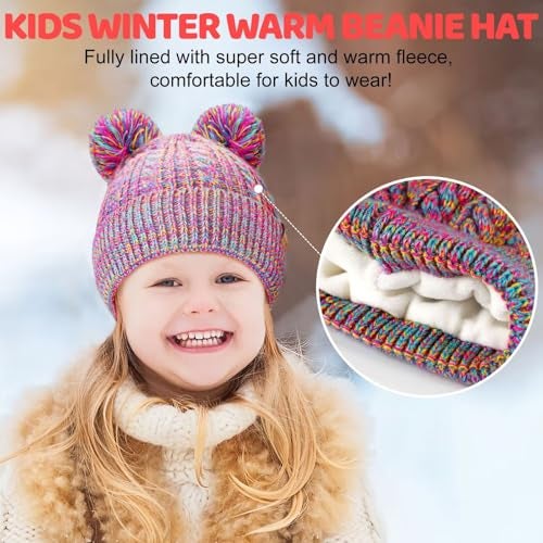 HAITHO Winter Hat for Kids Toddler Children, Girls Beanie with Double Pom Pom Warm Thick Thermal Fleece Lined, Girls Accessories Cute Knit Beanies Cap for Cold Weather(Blue) - Image 5
