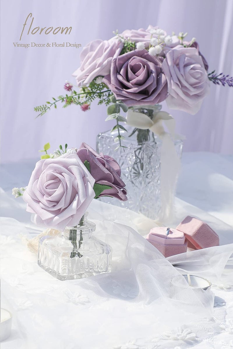 Floroom Artificial Flowers 25pcs Real Looking Lavender African Violet Purple Foam Fake Roses with Stems for DIY Wedding Bouquets Bridal Shower Centerpieces Floral Arrangements Party Tables Decorations - Image 4