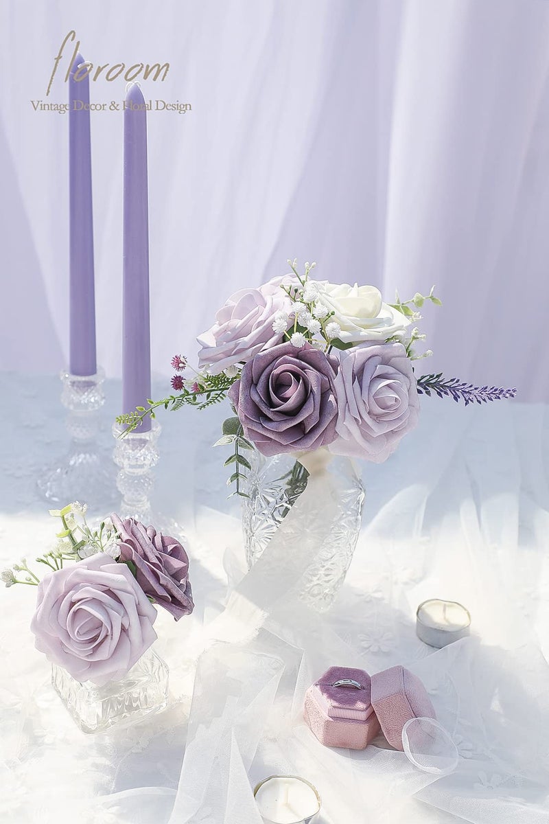 Floroom Artificial Flowers 25pcs Real Looking Lavender African Violet Purple Foam Fake Roses with Stems for DIY Wedding Bouquets Bridal Shower Centerpieces Floral Arrangements Party Tables Decorations - Image 2