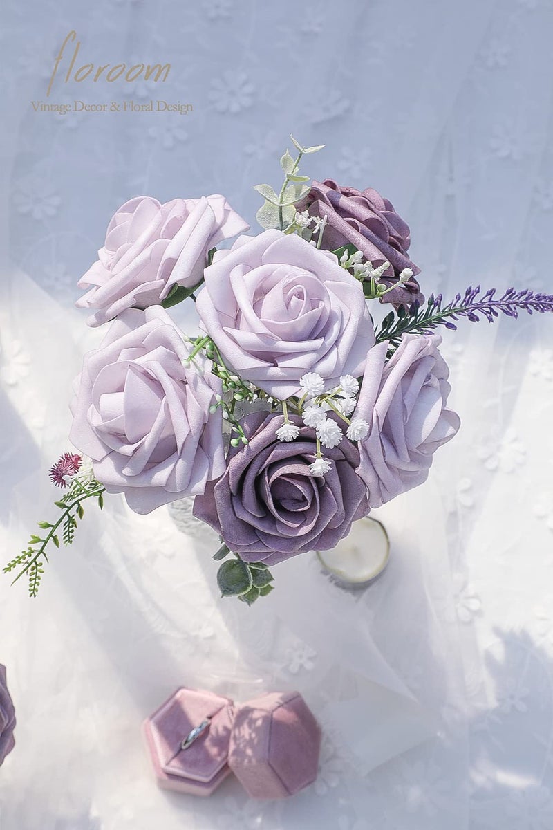 Floroom Artificial Flowers 25pcs Real Looking Lavender African Violet Purple Foam Fake Roses with Stems for DIY Wedding Bouquets Bridal Shower Centerpieces Floral Arrangements Party Tables Decorations - Image 3
