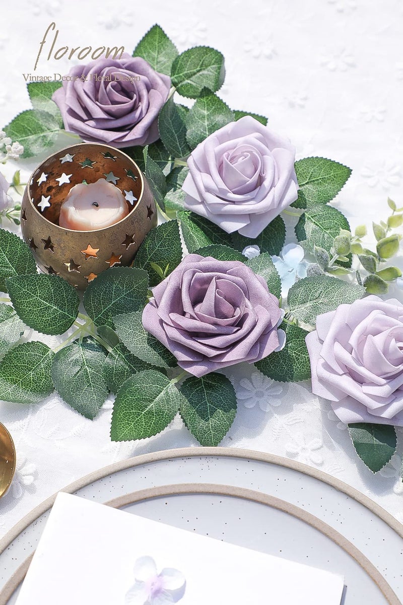 Floroom Artificial Flowers 25pcs Real Looking Lavender African Violet Purple Foam Fake Roses with Stems for DIY Wedding Bouquets Bridal Shower Centerpieces Floral Arrangements Party Tables Decorations - Image 5