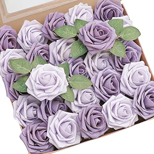 Floroom Artificial Flowers 25pcs Real Looking Lavender African Violet Purple Foam Fake Roses with Stems for DIY Wedding Bouquets Bridal Shower Centerpieces Floral Arrangements Party Tables Decorations - Image 1