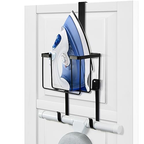 ORLESS Over The Door/Wall Mount Ironing Board Hanger, Laundry Room Iron and Ironing Caddy Board Storage Holder, Black - Image 1