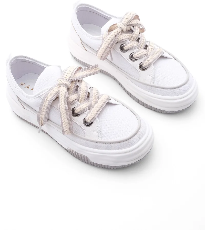 MARJIN Margin Women's High Sole Sneaker Linen Fabric Lace-Up Sports Shoes Hesna