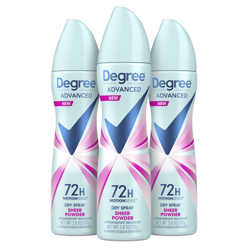 Degree مزيل العرق المتقدم من دجري بخاخ جاف حماية من العرق والرائحة لمدة 72 ساعة بودرة شفافة مزيل عرق بخاخ للنساء بتقنية موشن سينس 3.8 أونصة، عبوة من 3 - Image 1