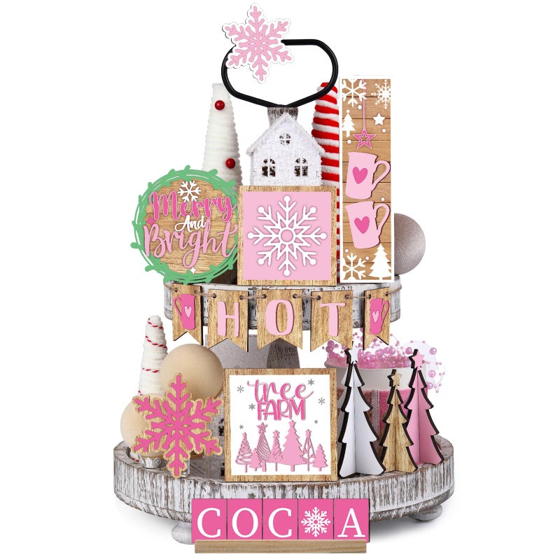 GlikCeil 19 Pcs Pink Christmas Tiered Tray Decor Winter Hot Cocoa Wooden Sign Snowflakes Coffee Table Decoration Rustic Farmhouse Winter Signs for Home Decor Tabletop Shelf Centerpieces - Image 2