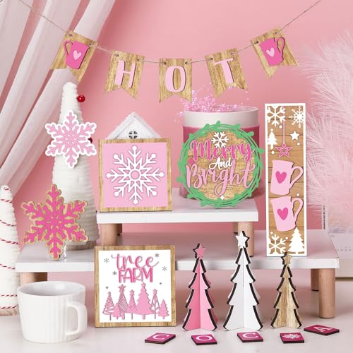 GlikCeil 19 Pcs Pink Christmas Tiered Tray Decor Winter Hot Cocoa Wooden Sign Snowflakes Coffee Table Decoration Rustic Farmhouse Winter Signs for Home Decor Tabletop Shelf Centerpieces - Image 3