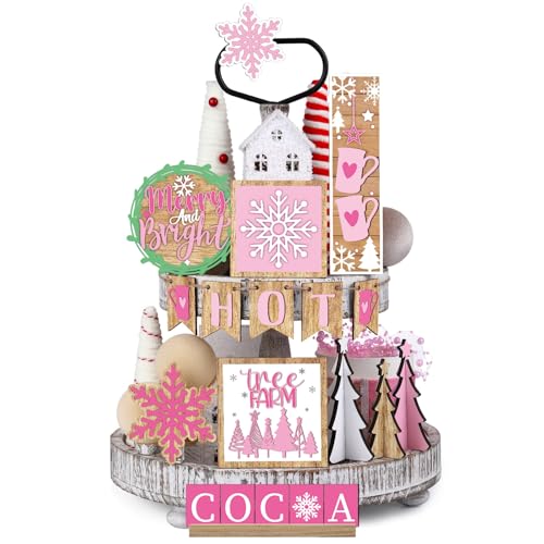 GlikCeil 19 Pcs Pink Christmas Tiered Tray Decor Winter Hot Cocoa Wooden Sign Snowflakes Coffee Table Decoration Rustic Farmhouse Winter Signs for Home Decor Tabletop Shelf Centerpieces - Image 1