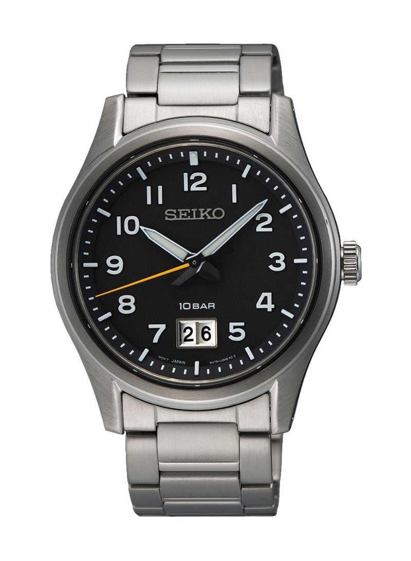 Seiko ساعة يد للرجال من الفولاذ المقاوم للصدأ بقرص أسود من الكوارتز SUR569P1