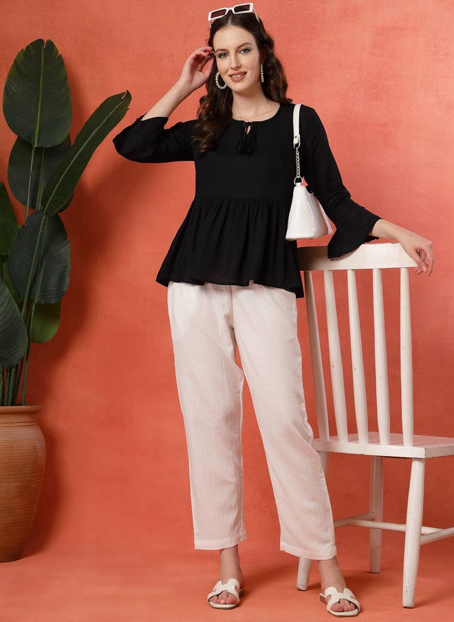 LARGISH Women Off White Cotton Relaxed Fit Cropped Trousers - Image 4