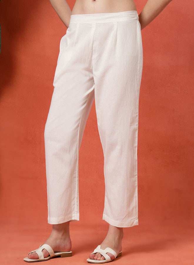 LARGISH Women Off White Cotton Relaxed Fit Cropped Trousers - Image 1