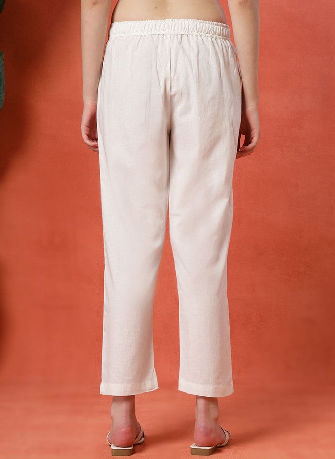 LARGISH Women Off White Cotton Relaxed Fit Cropped Trousers - Image 3
