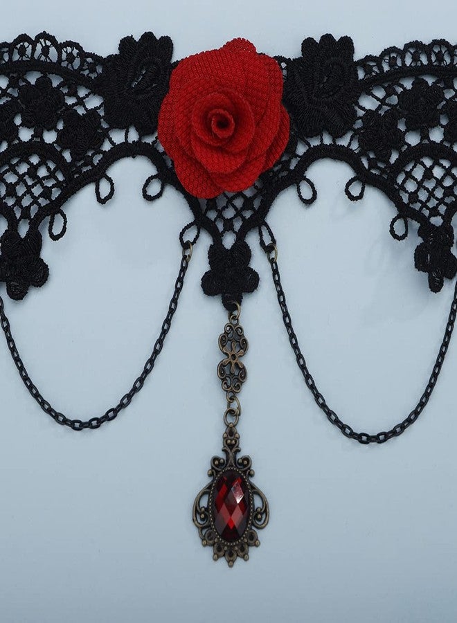 BERYUAN Gothie Halloween Black Collar Big Red Rose Choker Necklace for Women Steampunk Red Stone Choker(20) - Image 4