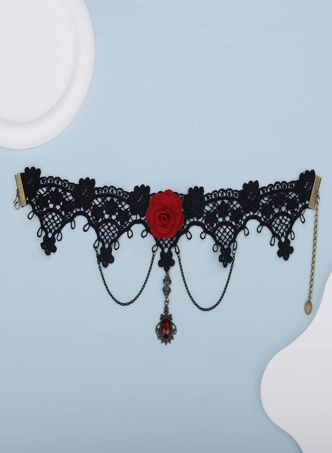 BERYUAN Gothie Halloween Black Collar Big Red Rose Choker Necklace for Women Steampunk Red Stone Choker(20) - Image 5