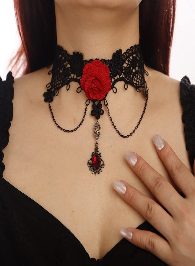 BERYUAN Gothie Halloween Black Collar Big Red Rose Choker Necklace for Women Steampunk Red Stone Choker(20) - Image 2
