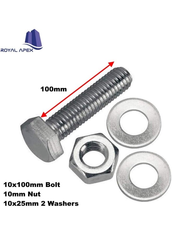 Royal Apex 12 pcs Hex Head Screw Bolts Nuts & Washers Fully Thread GI Plain Finish Bolt Set. (10, 100M) - Image 2