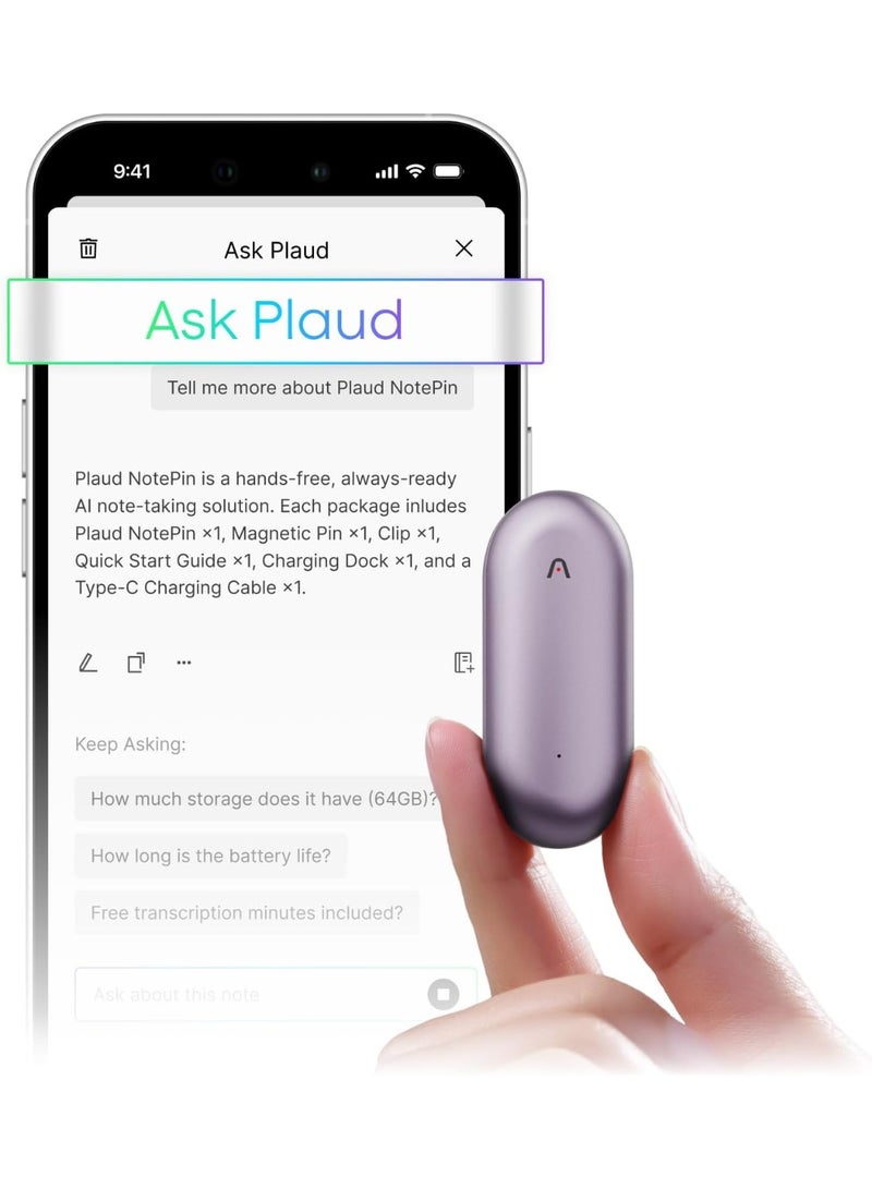 Plaud NotePin S AI Voice Recorder Wearable AI Notetaker AI Transcribe Summarize Support 112 Languages 64GB - Arabic