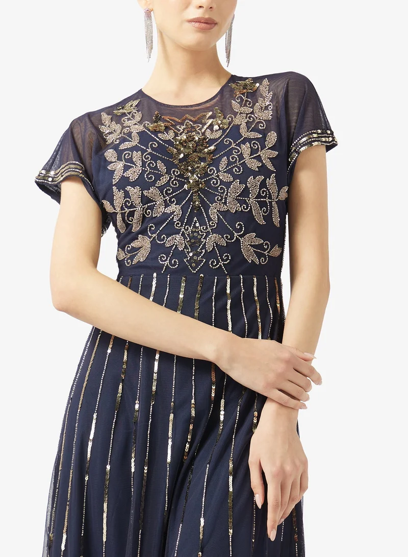 Frock And Frill  Sequin Short Sleeve Midi Dress for Women | Best Price UAE