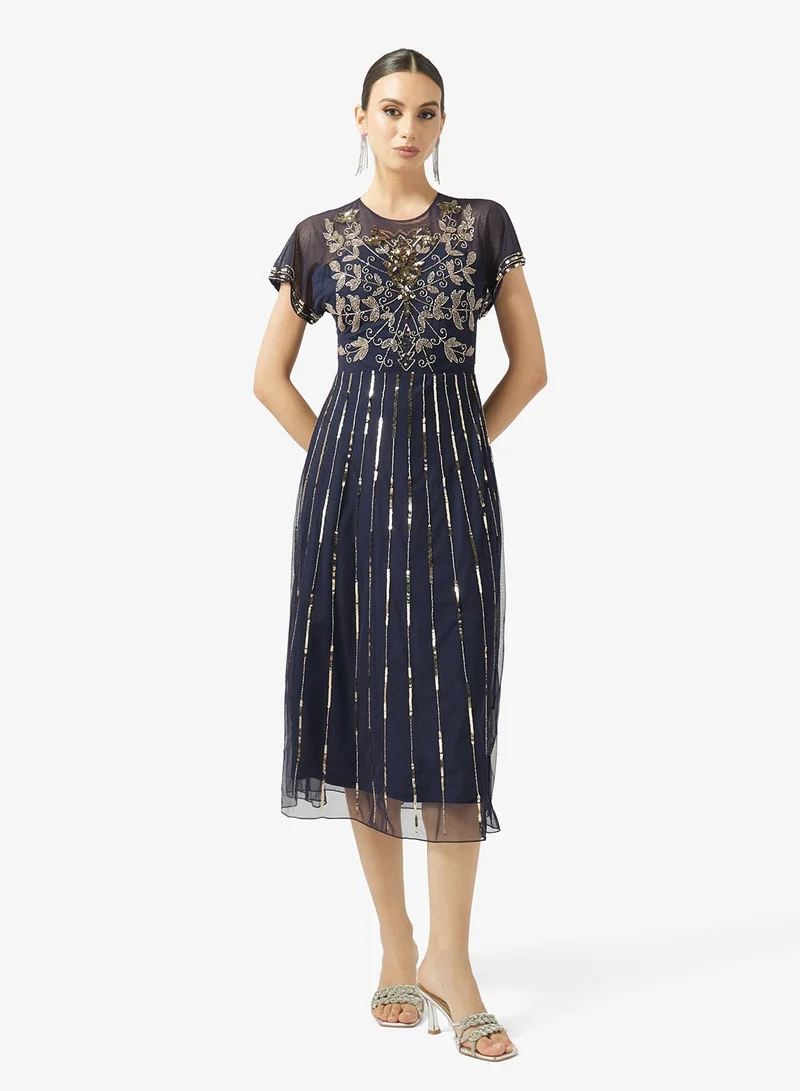 Frock And Frill  Sequin Short Sleeve Midi Dress for Women | Best Price UAE