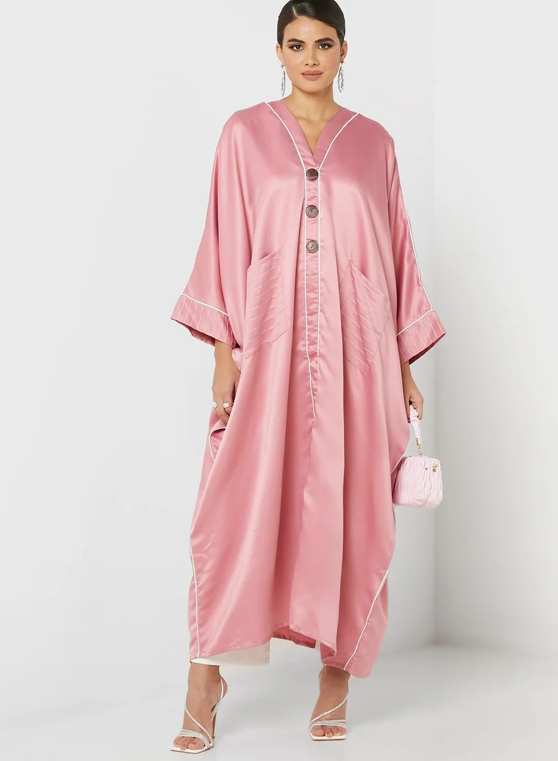 Khizana Contrast Piping Trim Detail Bisht Abaya With Sheila