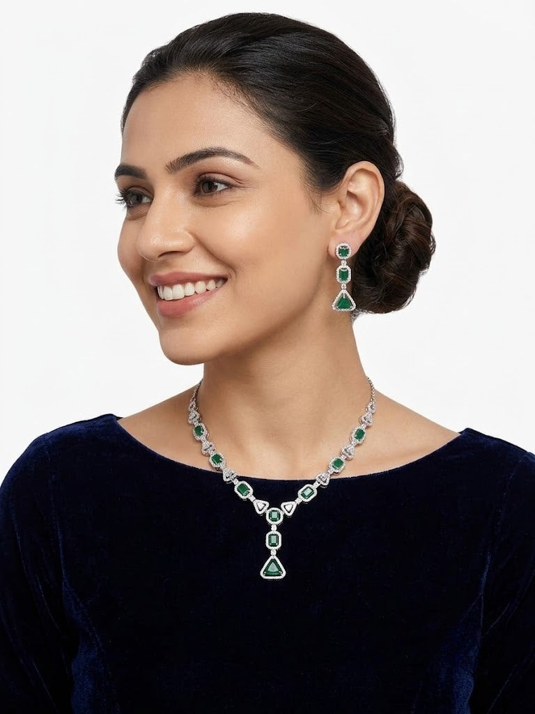Viny Elegant American Diamond &  Emerald Green Imitation Necklace Set for Women - Perfect for Parties, Weddings, & Festivals (Diwali, Eid) - Image 2